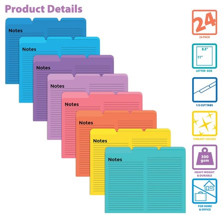 Better Office Products File Folders, Lined, Heavyweight Paper, Tabbed File Folders, 8 Vibrant Colors, Letter Size, 24PK 89124